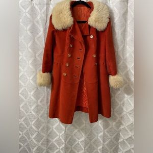 Unique vintage rust colored velvet coat with fur collar and cuffs